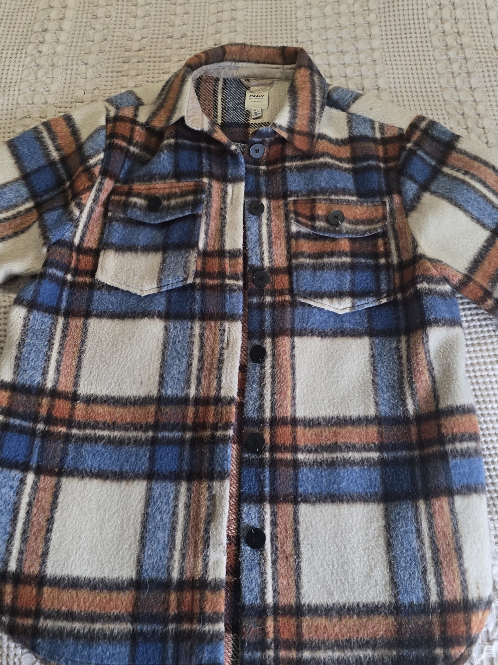 Only Plaid Teddy Jacket in Blue, Brown & Cream